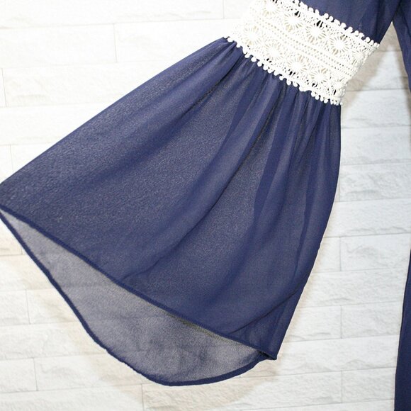 BY & BY Dress Mini Chiffon Lace Sheer Overlay Long Bell Sleeve Navy Blue Flowy M - Picture 3 of 12